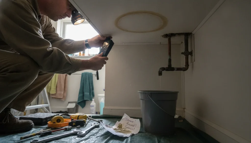 Hidden water leak signs in Land O Lakes, round ceiling stain near vent stack growing over time