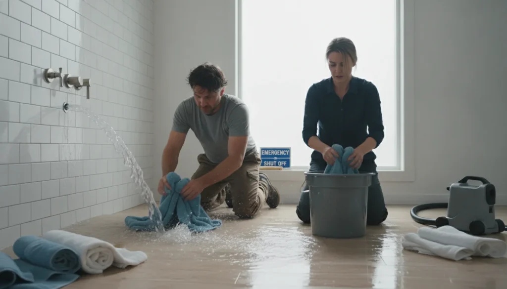 Burst bathroom pipe with water on the floor and towels; what to do when a pipe bursts in Land O Lakes — Plumbing Land O Lakes